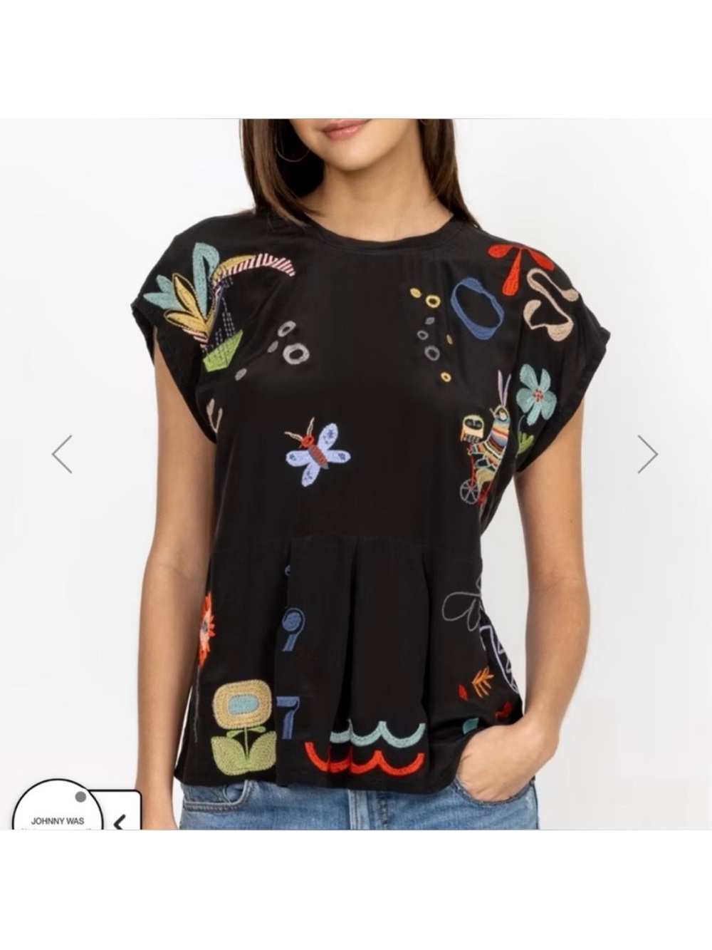 Johnny Was ZELIA BLOUSE
size S. 100 silk. Color black with color embroidery